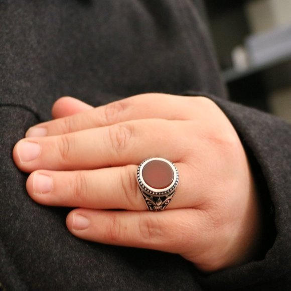 925 Sterling Silver Men's Ring Natural Red Agate - Picture 3 of 9